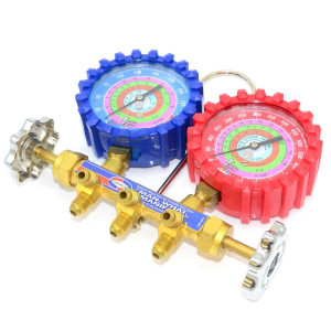 Uniweld QS8N5SMEZ Brass Body Manifold with 3-1/8 in NPF Gauges, 5 ft EZ-Turn Anti-Blowback Hose Set, with R-410A,R-22,R-404A,R-134a, F and PSI Scales 48672