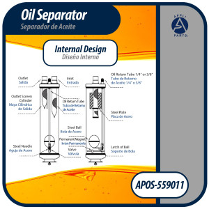 Appli Parts APOS-559011 Separador de Aceite 1 3/8 pulg ODF Soldable, CFC,HCFC,HFC,R22,R407C,R502,R134a,R404A,R507, Temperatura de trabajo desde -10 C a 130 C