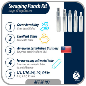 Appli Parts APT-SP193 Swaging Punch Kit for 1/4, 5/16, 3/8, 1/2, 5/8 in Diameter Copper Tube and other soft metals Expanding Tool