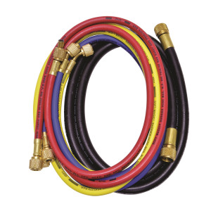 Uniweld HDC5MB 60 pulg, Mangueras para Manometros, Roja, Amarilla y Azul, 1/4 pulg y 60 pulg Manguera Negra, 3/8 pulg, Conexion estandard, para uso en Refrigeracion y Aire Acondicionado, CFC,HCFC,HFC