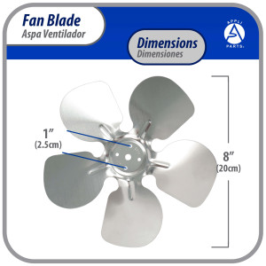 Appli Parts APFB-A08CCW Aspa de Aluminio 8 in, 200 mm, CCW, 28 grados, sin buje, 5 huecos, 5 aletas